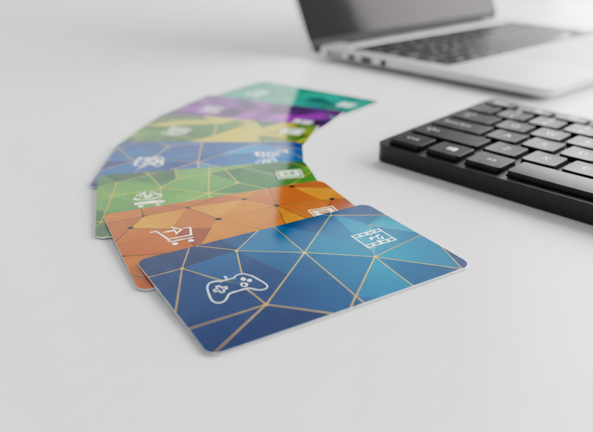 A neat fan of glossy plastic gift cards arranged in a gentle arc on a clean, matte white desktop, each card featuring bold, abstract patterns and subtle icons suggesting gaming, shopping, and entertainment without using brand logos. Beside them, a slim black mechanical keyboard and a minimalist silver laptop partially in frame hint at a digital marketplace. Soft, even studio lighting from above creates gentle reflections on the card surfaces and crisp, professional shadows. Shot from a slightly elevated angle with a shallow depth of field so the frontmost card is in razor-sharp focus. The mood is modern, trustworthy, and professional, with photographic realism and a clean, corporate aesthetic suitable for a global gift card seller.