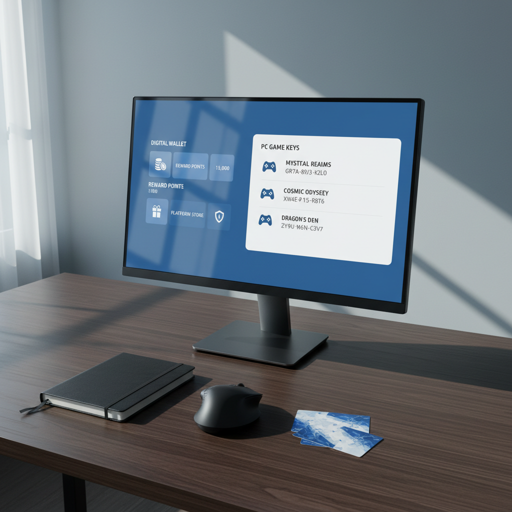 A sleek, high-resolution computer monitor on a tidy dark wood desk displaying a clean, blue-and-white dashboard of digital gift card balances and PC game key codes, all using generic, non-branded icons. Around the monitor are a few physical gift cards, a closed black notebook, and a wireless mouse, arranged with deliberate symmetry. Cool, diffused daylight enters from an unseen window to the left, casting soft shadows and a subtle reflection on the monitor. The scene is captured at eye level with sharp focus across the frame, emphasizing clarity and order. The mood is efficient and secure, reinforcing confidence in online transactions, rendered in photographic realism with a polished, professional, tech-focused atmosphere.