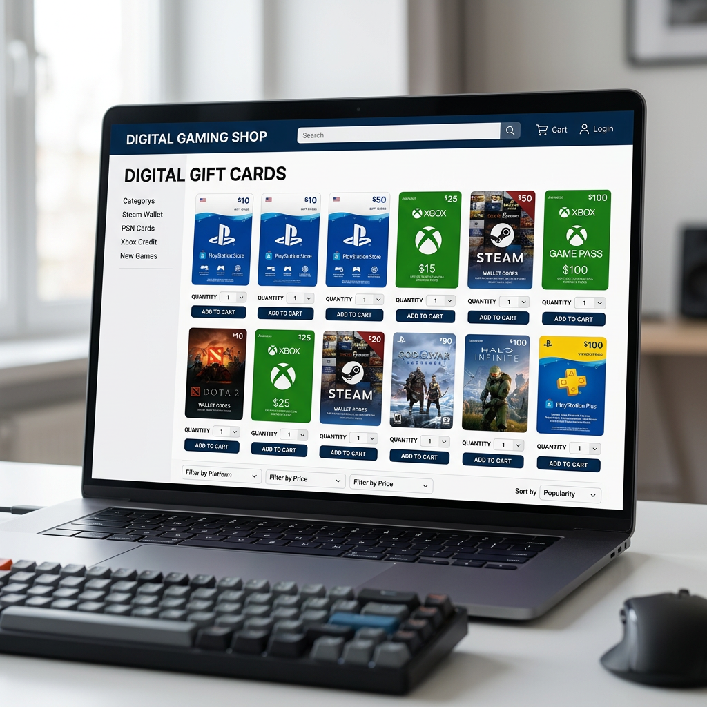 Display of digital gift cards including PlayStation, Xbox, Steam, and game-specific cards like God of War and Halo Infinite
